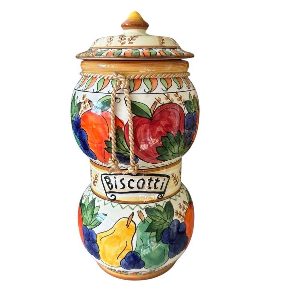 Vintage Handmade For Nonni’s Colorful Fruit Design Ceramic Biscotti Jar *Read*
